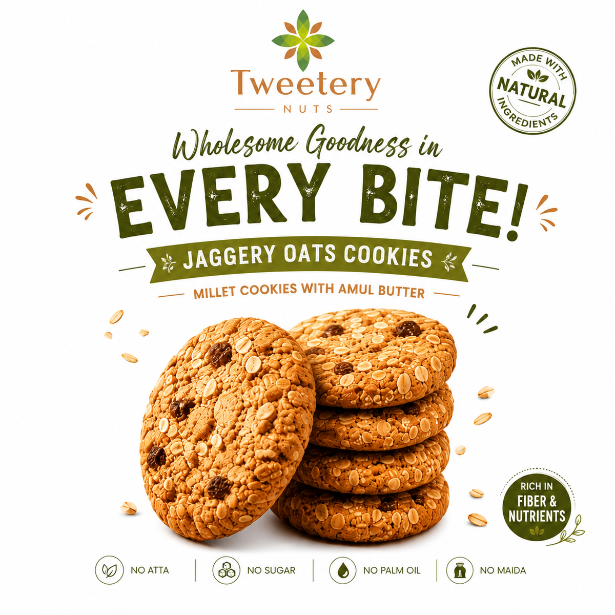 Jaggery Oats Cookies | Oats Cookies with Jaggery, Almonds & Cashews | Tweetery Nuts
