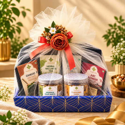 Healthy Hamper | Premium Wellness Gift Hamper | Premix, Flavoured Haldi, Wellness Tea, Moringa Soup & Millet Cookies | Tweetery Nuts